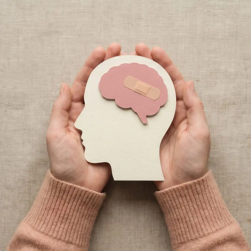 Hands gently cradling a paper cutout of a head with a bandage over the brain, symbolizing compassionate mental health care in Hammonton, NJ.
