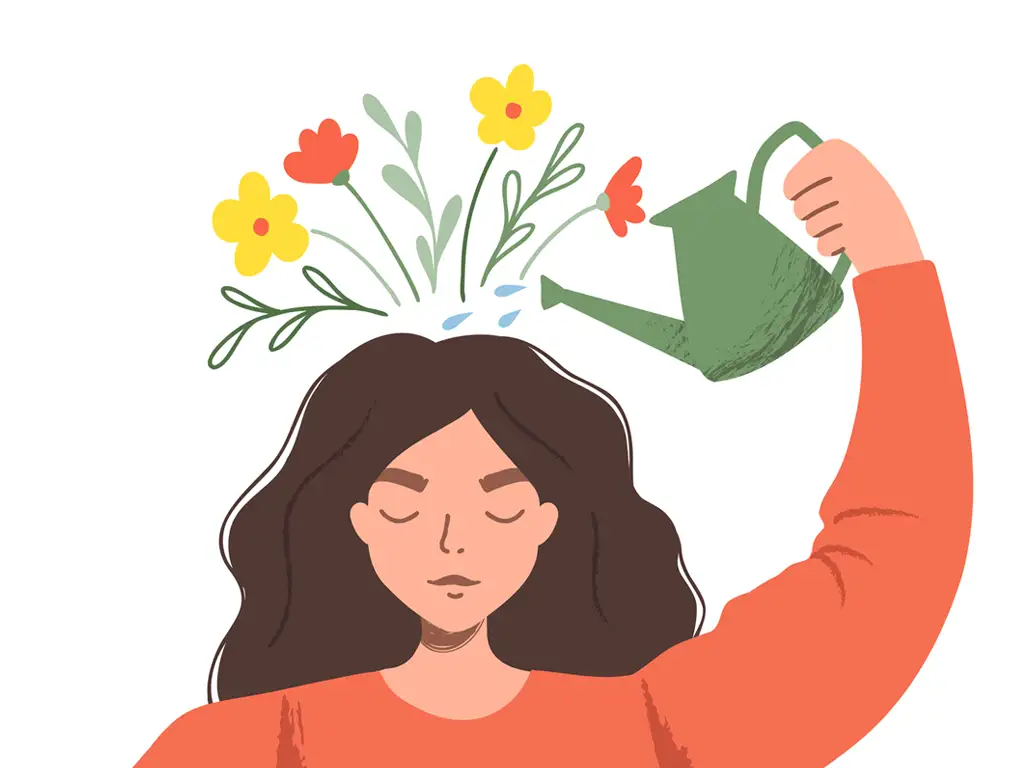 Illustration of a woman watering flowers growing from her own head, symbolizing personal growth.