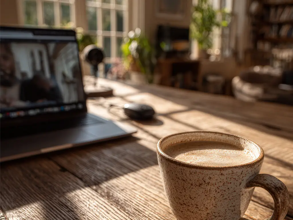 Laptop open to a video therapy session on a sunlit wooden table beside a mug of coffee.