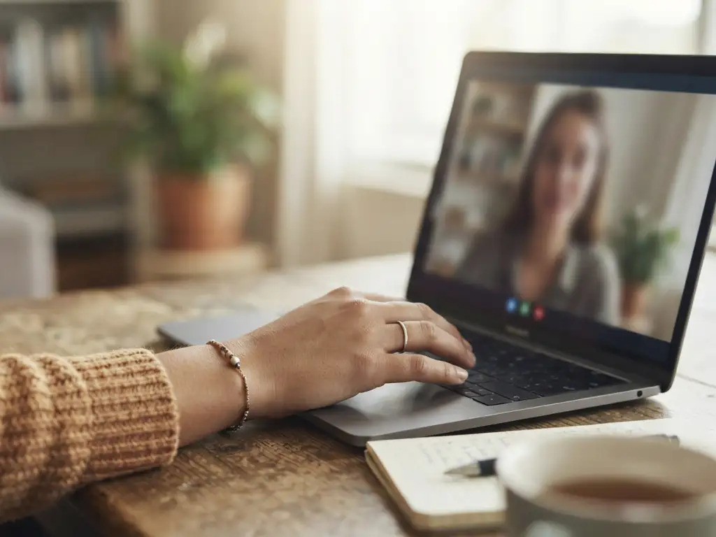 Person at a laptop on a wooden table speaking with a therapist on a video call.