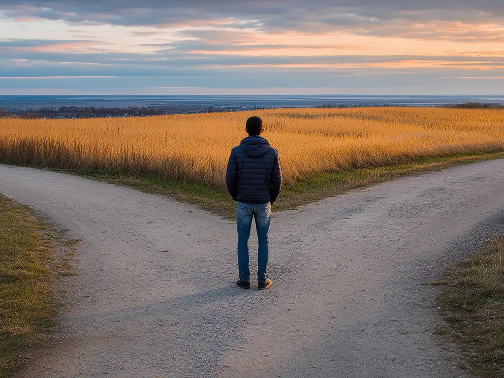Person standing at a fork in the road at sunset, representing life transitions counseling in Hammonton, New Jersey.